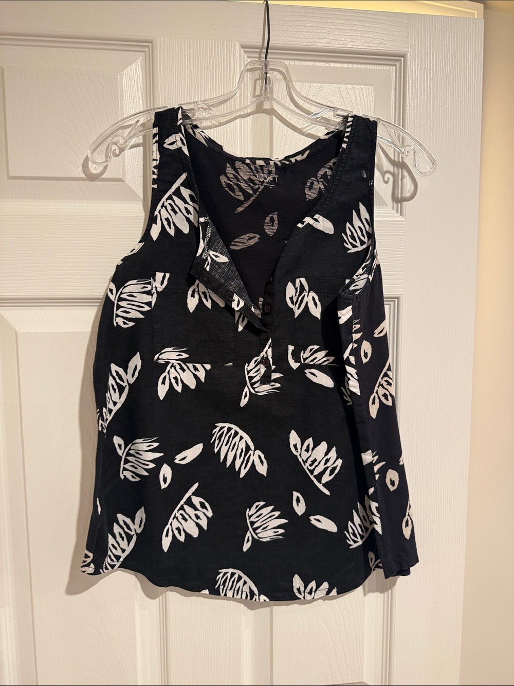 LOFT Black Sleeveless V-Neck Tank with White Leaf Print